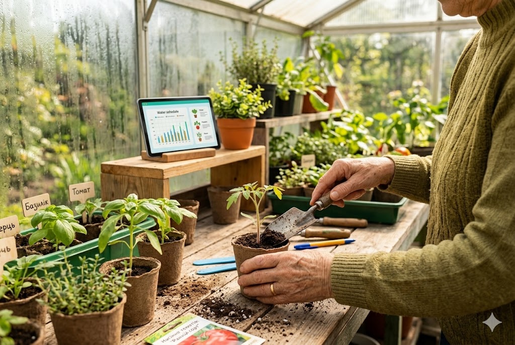 Студенти золотого віку на практичному занятті з вирощування розсади в теплиці, України